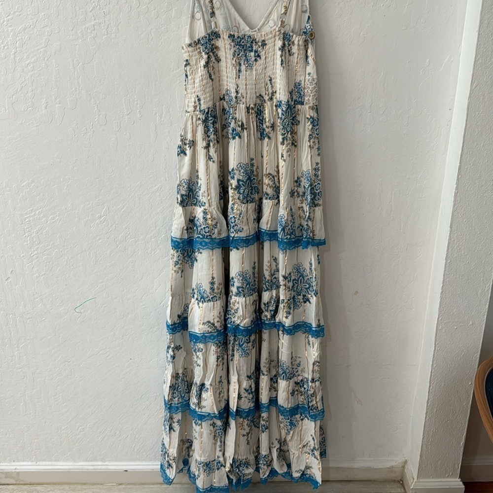 ANANTA S/M Blue Gold Metallic Lace Trim Boho Maxi Dress Made in India 25120 - Picture 11 of 11
